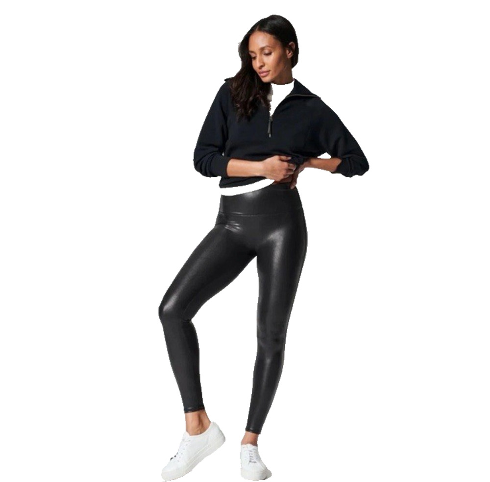 SPANX Leggings Womens Size Large Black High Rise Faux Leather Moto Biker Pants